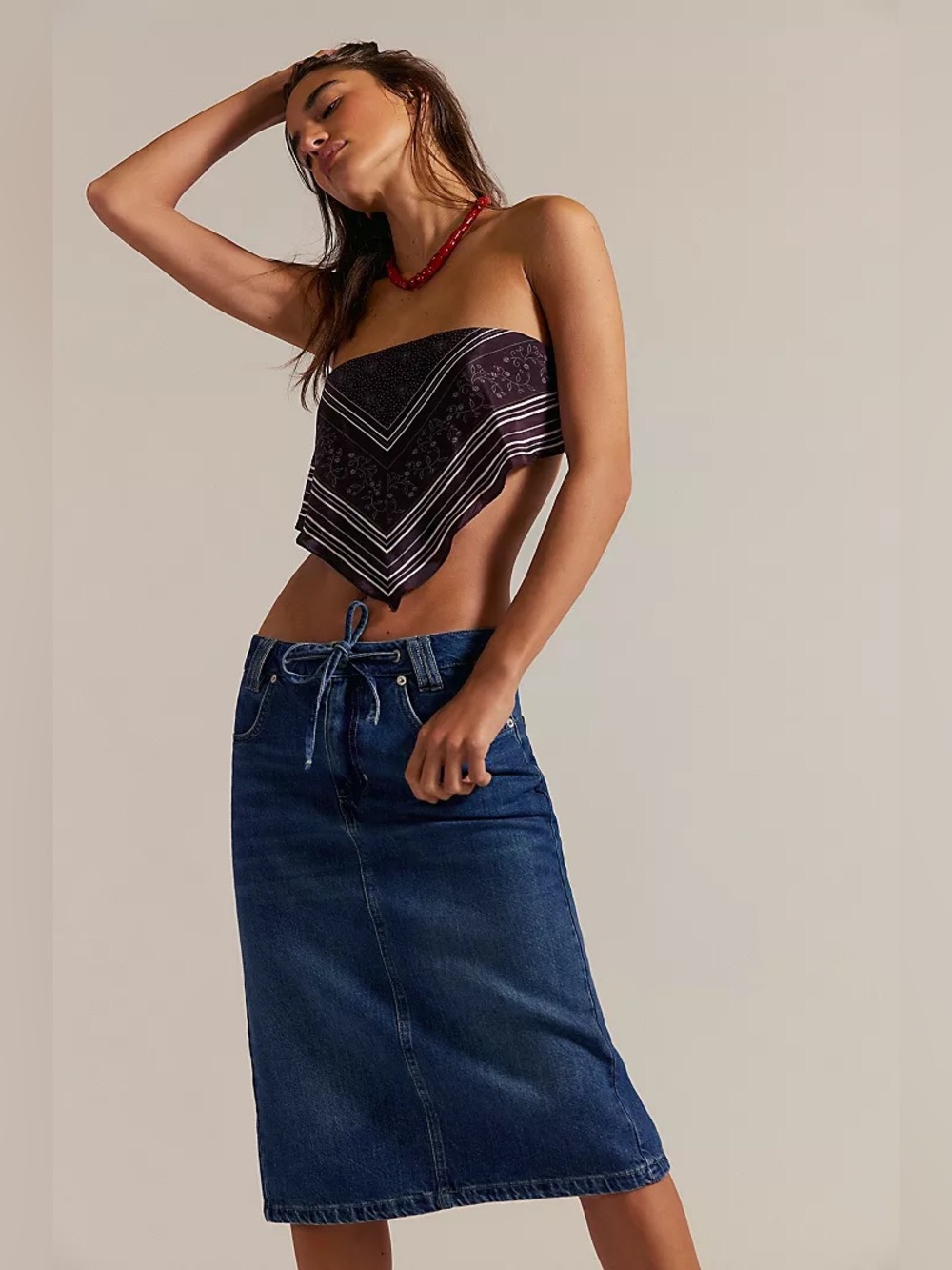New Free People FP We The Free Stella Blue Denim Jean Column Skirt sz 26